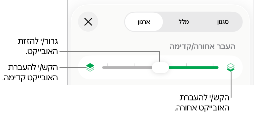 הכפתור ״העבר אחורה״, הכפתור ״העבר קדימה״ והמחוון של סידור בשכבות