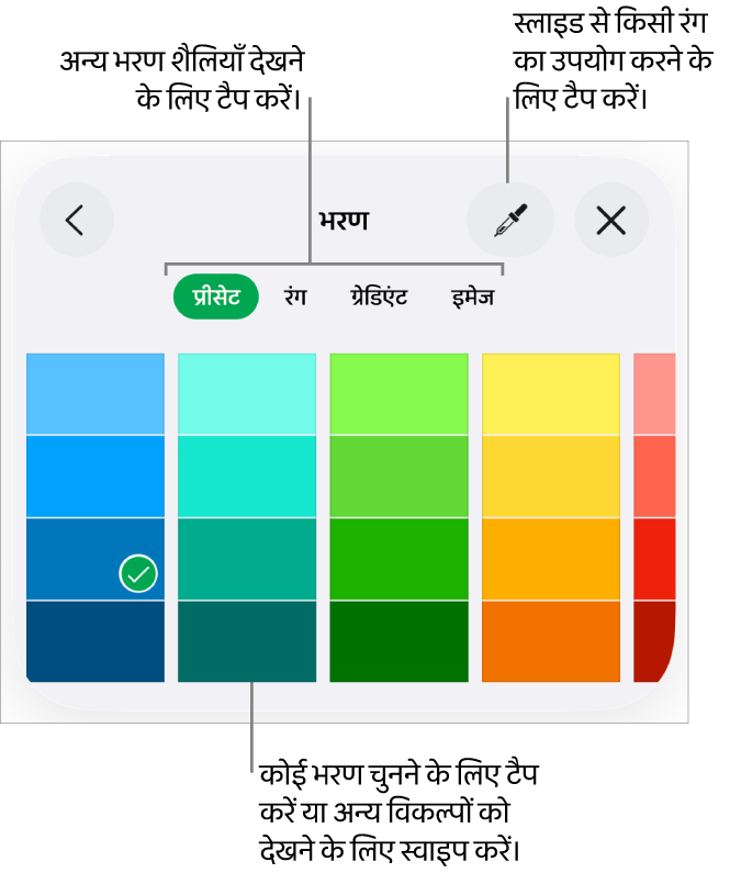 “फ़ॉर्मैट करें” बटन के शैली टैब के भरण विकल्प।