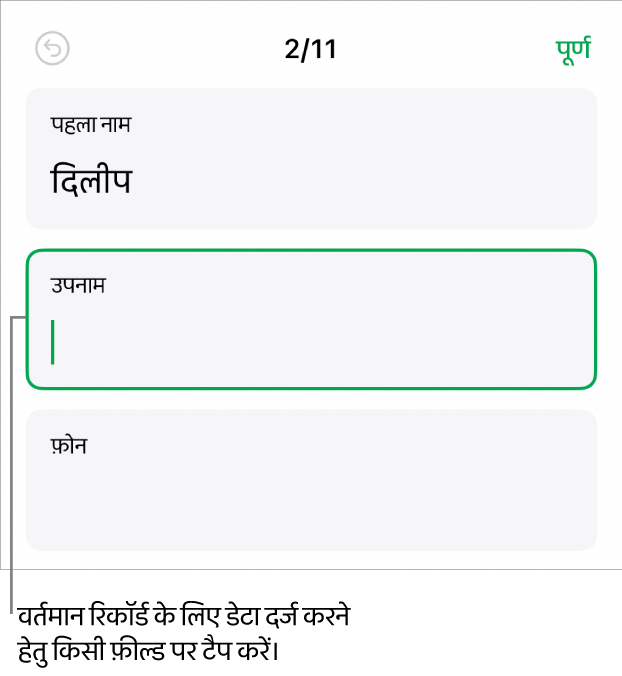 सम्मिलन बिंदु के साथ सक्रिय फ़ील्ड दिखाता हुआ फ़ॉर्म में मौजूद रिकॉर्ड।
