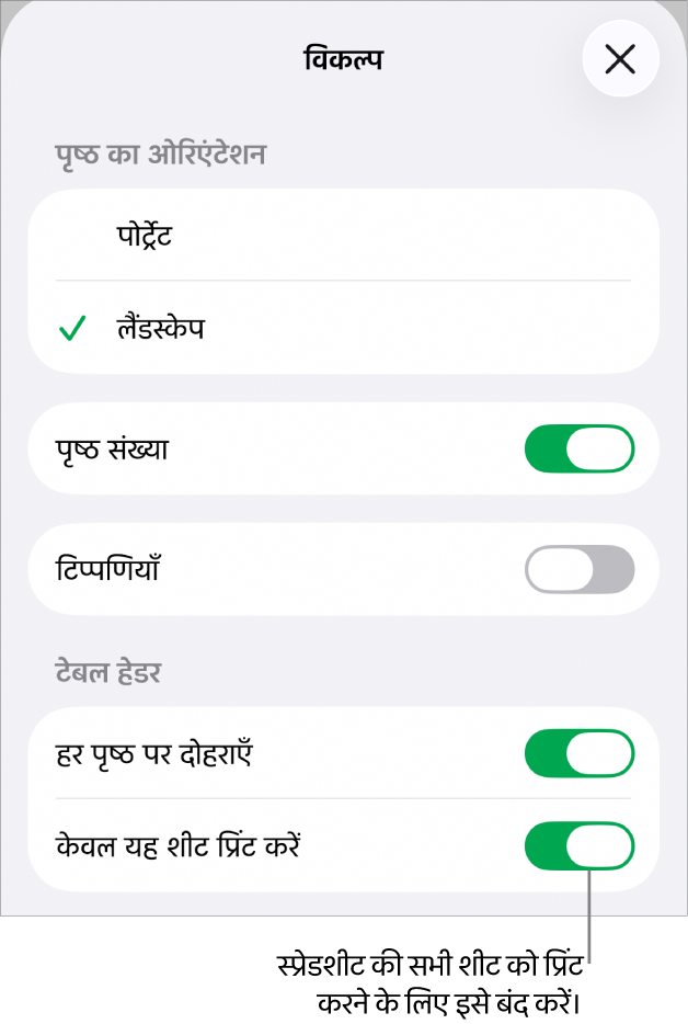 पृष्ठ ओरिएंटेशन चुनने, पृष्ठ संख्याएँ और हेडर दिखाने तथा कागज़ का आकार और प्रिंट किए जाने वाले पृष्ठ चुनने के लिए प्रिंटिंग विकल्प।