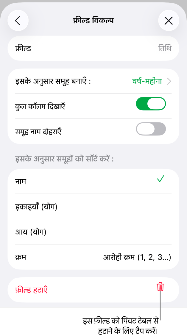 फ़ील्ड विकल्प मेनू जो डेटा को वर्गीकृत करने और सॉर्ट करने के लिए नियंत्रण दिखाता है, साथ में फ़ील्ड को हटाने के लिए विकल्प दिखाता है।