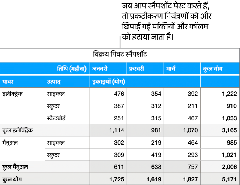पिवट टेबल स्नैपशॉट।