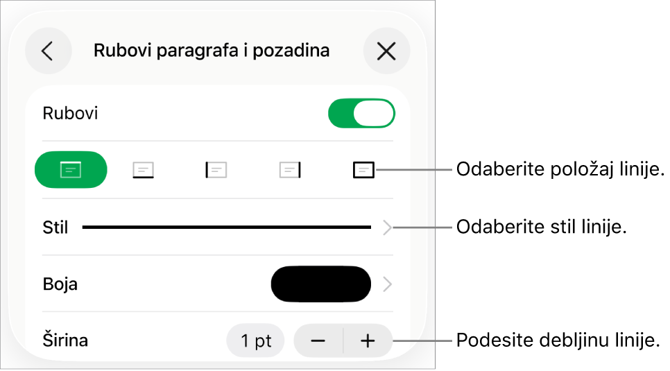 Kontrole za promjenu stila, debljine, položaja i boje linije.