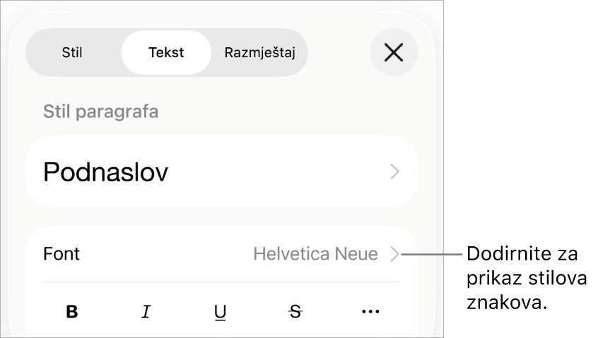 Kontrole opcije Formatiraj sa stilovima paragrafa pri vrhu, zatim kontrole Fonta. Ispod su tipke opcija teksta Podebljano, Kurziv, Podcrtavanje, Precrtavanje i Više.