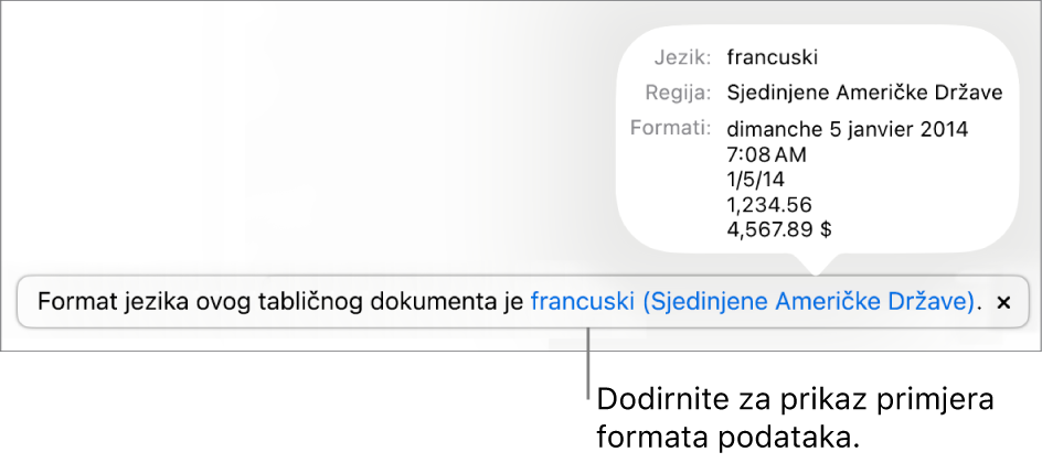 Obavijest o postavci drugog jezika i regije, pokazuje primjere formatiranja na tom jeziku i u toj regiji.