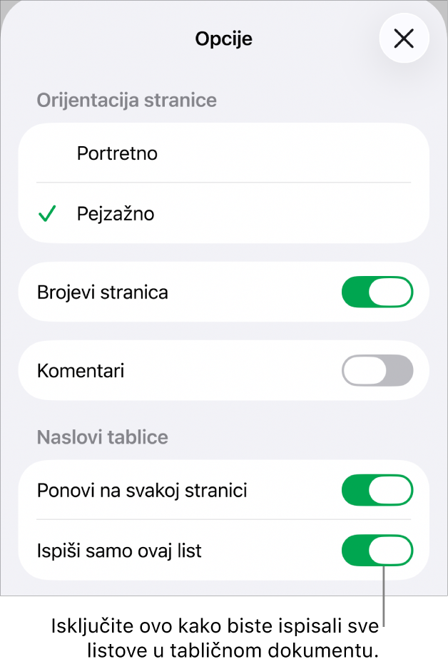 Opcije ispisa za odabir usmjerenja stranice, prikaz brojeva stranica i zaglavlja, odabir veličine papira i odabir stranica za ispis.