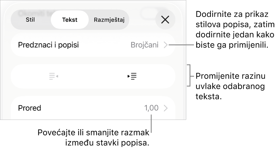 Odjeljak Predznaci i popisi kontrola formatiranja s oblačićima na Predznake i popise, tipke za izvlake i uvlake i kontrole razmaka između redaka.