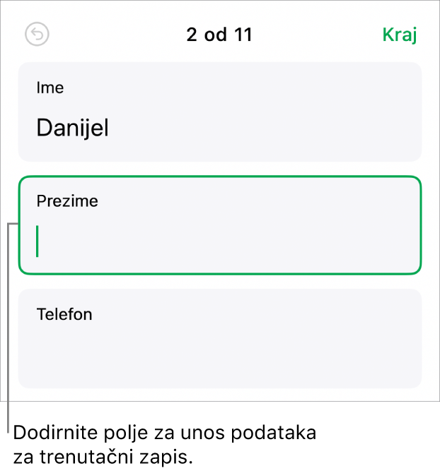 Zapis u obrascu s prikazom aktivnog polja s točkom umetanja.
