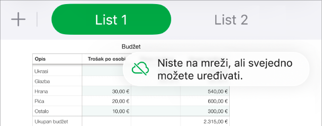 Tipke pri vrhu zaslona, s tipkom Suradnja koja se promijenila u oblak s dijagonalnom linijom kroz njega. U upozorenju na zaslonu piše “Niste na mreži, ali još uvijek možete uređivati.”