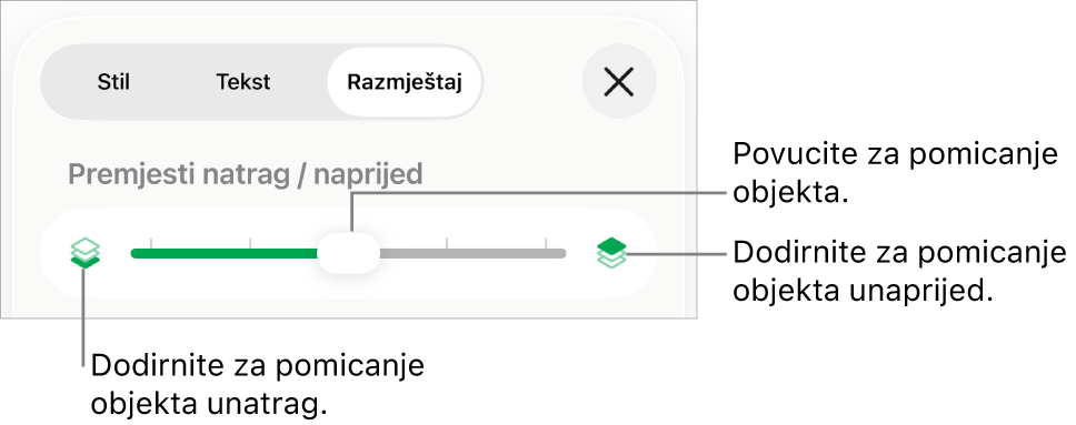 Tipka Premjesti natrag, tipka Premjesti naprijed, i kliznik za slojeve.