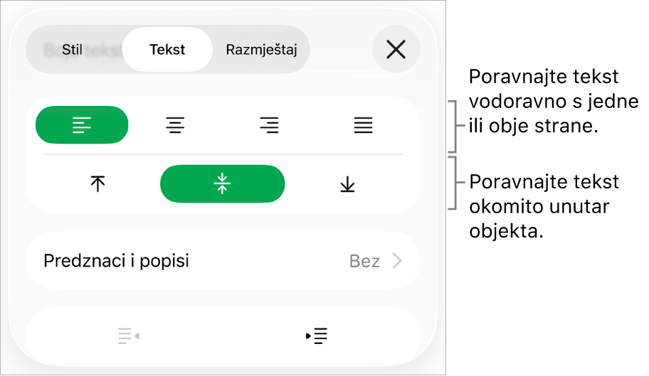 Odjeljak Raspored u Inspektoru formata s balončićima za tipke za poravnanje teksta i razmak.