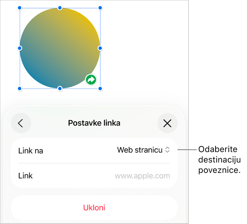 Kontrole Postavke linka s odabranom opcijom Web stranica, tipka Ukloni nalazi se na dnu.