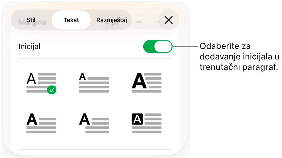 Kontrole opcija Inicijal koje se nalaze u izborniku Tekst.