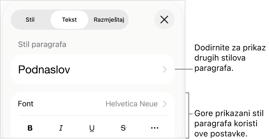 Izbornik Formatiraj s prikazom kontrola teksta za postavljanje paragrafa i stilova paragrafa, fonta, veličine i boje.