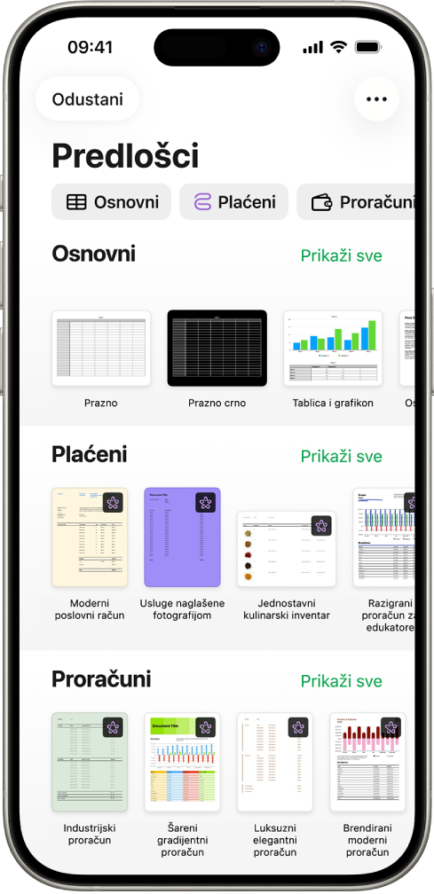 Izbornik predložaka s prikazom retka kategorija preko vrha na koje možete dodirnuti za filtriranje opcija. Ispod su minijature postojećih predložaka organizirane u recima prema kategoriji počevši s kategorijom Nedavne stavke pri vrhu, a zatim slijede kategorije Osnovno i Osobne financije. Tipka Prikaži sve pojavljuje se poviše s desne strane svakog retka kategorije. Tipka za jezik i regiju nalazi se u gornjem desnom kutu.