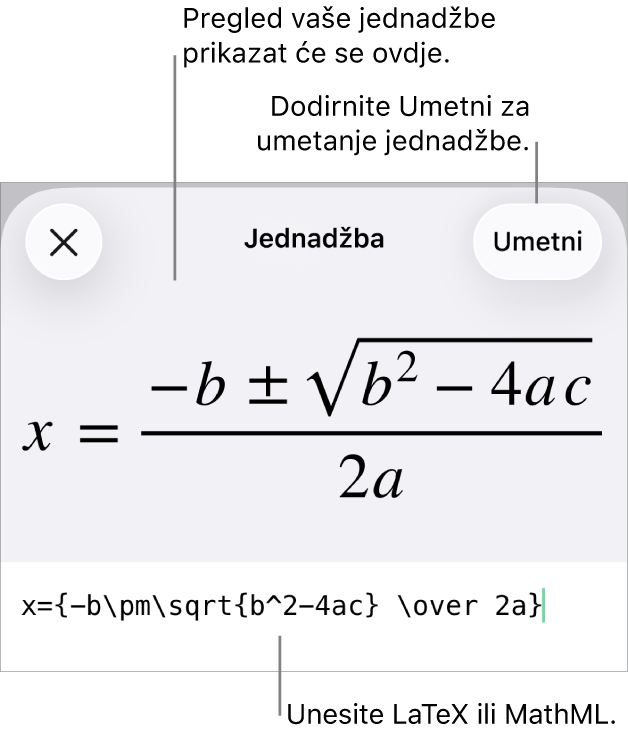Dijaloški okvir Jednadžba koji prikazuje jednadžbu napisanu korištenjem MathML naredbi i prikaz gornje formule.