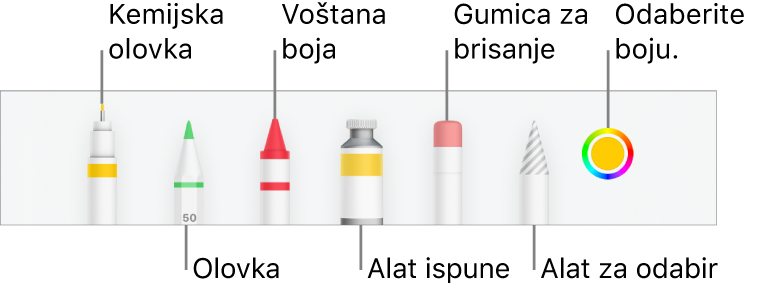 Alatna traka za crtanje u aplikaciji Numbers na iPhoneu s kemijskom olovkom, olovkom, voštanom bojom, alatom za ispunu, gumicom za brisanje, alatom za odabir i kotačićem s bojama koji prikazuje trenutačnu boju.