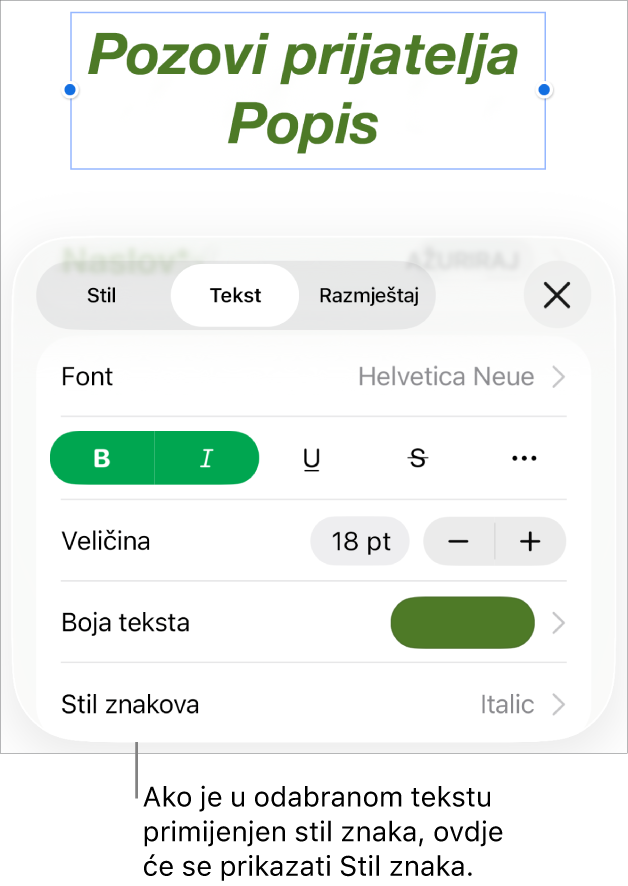 Kontrole za formatiranje teksta sa Stilom znaka ispod Kontrola boja. Stil znaka Bez javlja se s asteriskom.