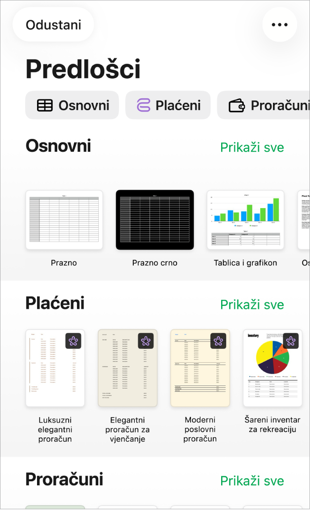 Izbornik predložaka s prikazom retka kategorija preko vrha na koje možete dodirnuti za filtriranje opcija. Ispod su minijature prethodno dizajniranih predložaka poredanih u redove prema kategoriji.