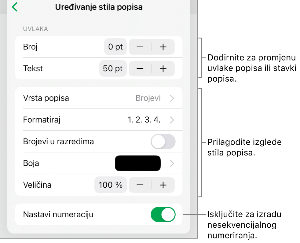 Uredite izbornik Stil popisa s kontrolama za uvučeni razmak, vrstu popisa i format, hijerarhiju brojeva, boju popisa i veličinu te nastavak numeriranja.