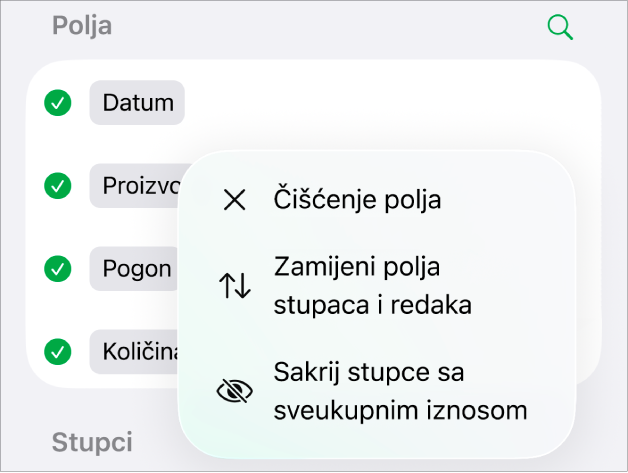 Izbornik Više opcija polja prikazuje naredbe za skrivanje sveukupnih vrijednosti, zamjenu polja stupaca i redaka i čišćenje polja.