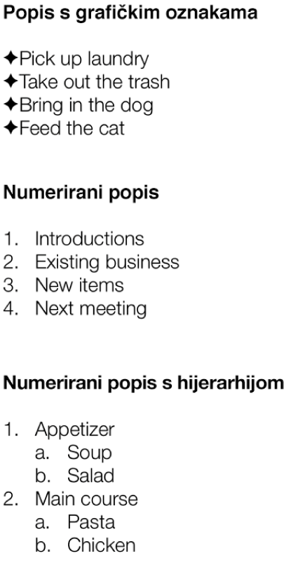 Primjeri popisa s grafičkim oznakama, numeriranih popisa i numeriranih popisa s hijerarhijom.