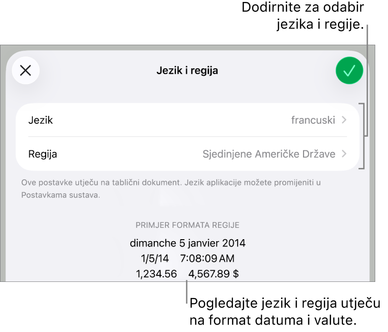 Prozor Jezik i regija s kontrolama za jezik i regiju te primjer formatiranja uključujući datum, vrijeme, decimalu i valutu.
