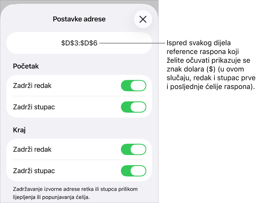 Kontrole za određivanje referenci redaka i stupaca koje će biti sačuvane u slučaju pomicanja ili kopiranja ćelije. Znak dolara pojavljuje se ispred svakog dijela reference raspona koju želite sačuvati.