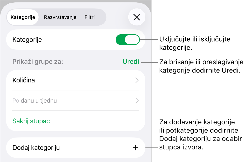 Izbornik Kategorije za iPhone s opcijama za isključivanje kategorija, brisanje kategorija, regrupiranje podataka, skrivanje izvorišnog stupca i dodavanje kategorija.