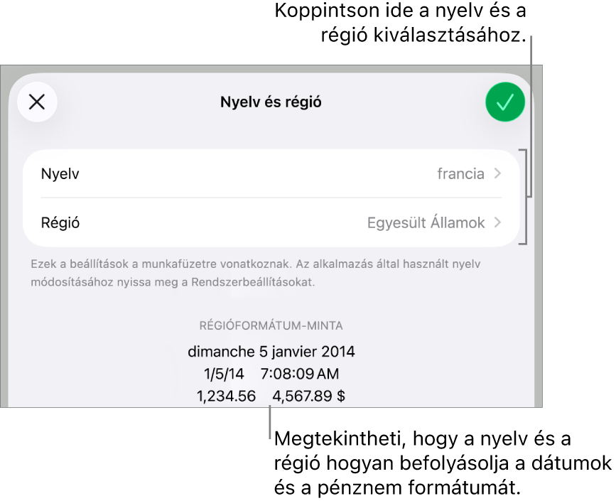 A Nyelv és régió panel a nyelv és régió vezérlőivel és egy formátum példával (ide értve: dátum, idő, tizedes és valuta).