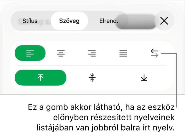 A Formátum menüben elérhető Stílus szakasz a Jobbról balra gombhoz tartozó felirattal.