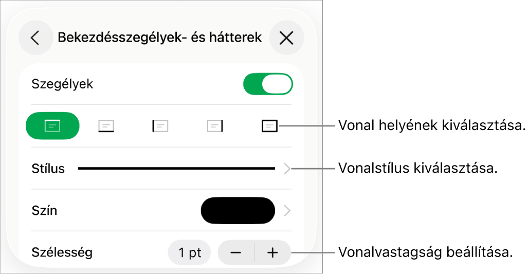 Vezérlők a vonal stílusának, vastagságának, helyének és színének módosításához.