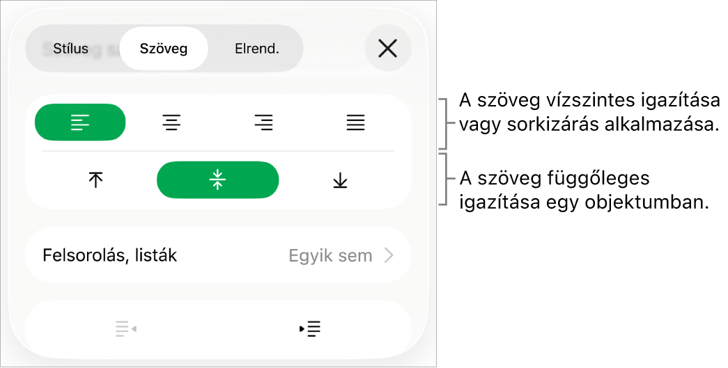 A Formátumvizsgáló Elrendezés szakasza a szövegigazítási és térközbeállítási gombokat jelölő feliratokkal.