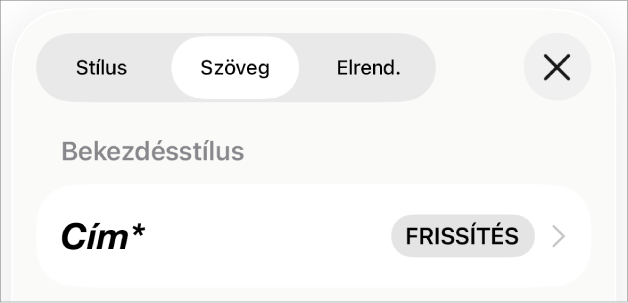 Karakterstílus egy csillag karakterrel, jobbra pedig a Frissítés gombbal.