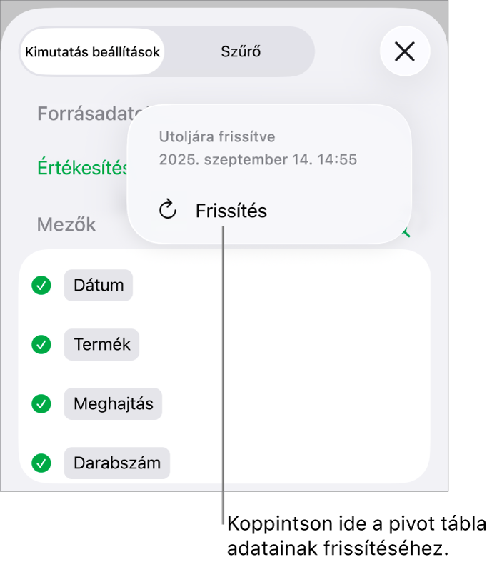 A Kimutatás beállítások menü a kimutatás frissítésének lehetőségével.