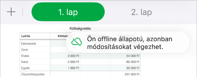 A képernyő tetején található gombok, ahol az Együttműködés gomb egy átlósan áthúzott felhőre módosul. Figyelmeztetés a képernyőn: „Offline módban van, de folytathatja a szerkesztést”.