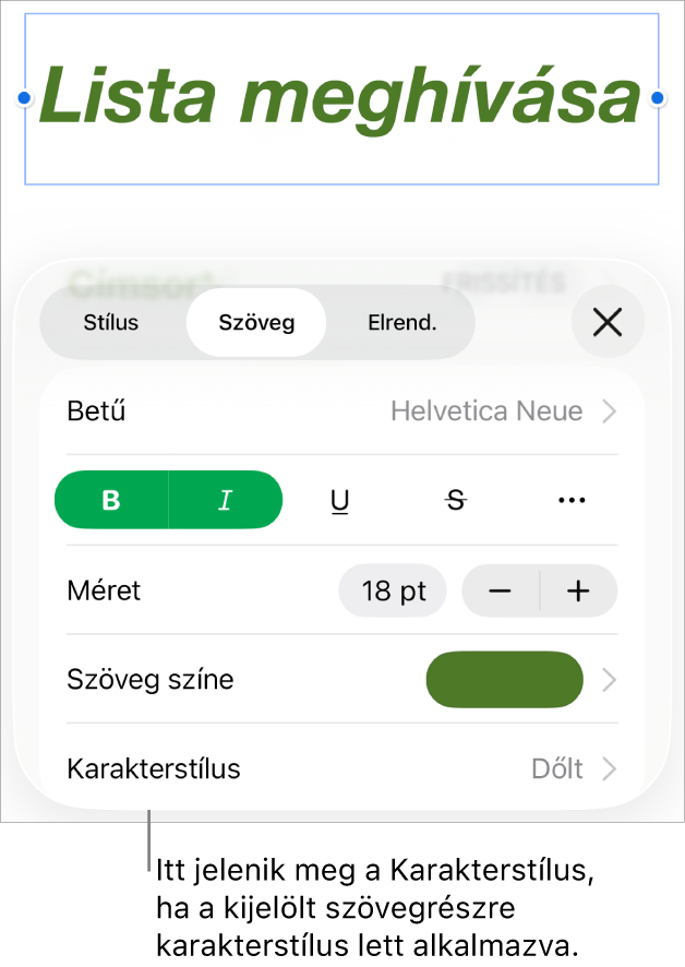 A Szövegformázás vezérlők a Karakterstílussal a Színek vezérlői alatt. A Nincs karakterstílus látható egy csillag szimbólummal.