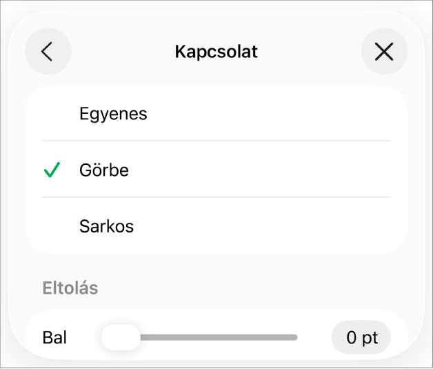 A Kapcsolatok vezérlők a kijelölt Görbe elemmel.