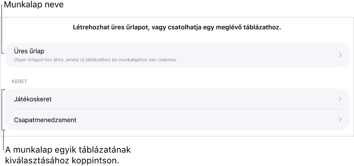 Azonos munkafüzetben megnyitott táblázatok listája, a fent található üres űrlap létrehozására szolgáló beállítással.