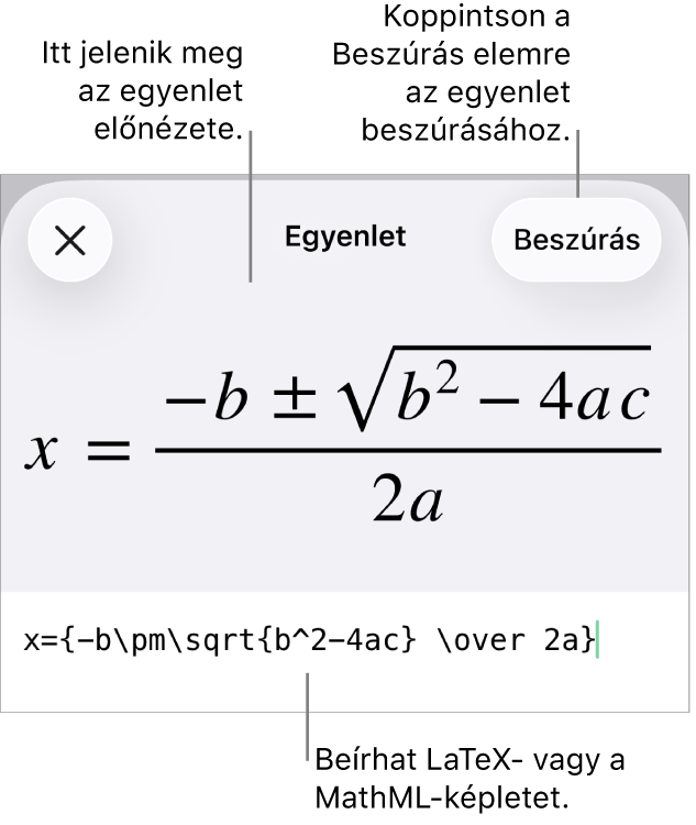Az Egyenlet párbeszédpanel, amelyen egy, a MathML-parancsok használatával írt egyenlet, felül pedig az egyenlet előnézete látható.