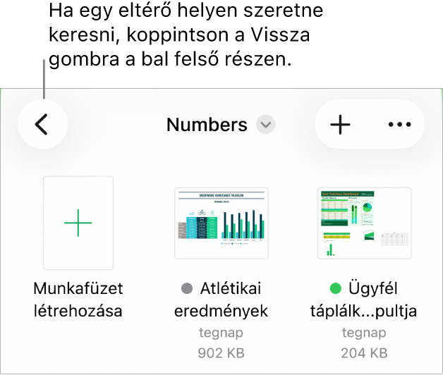 A dokumentumkezelő böngészés nézete a Vissza gombbal a bal felső sarokban, alatta Keresés mezővel. A Keresés mező alatt a Munkafüzet létrehozása gomb látható a meglévő dokumentumok bélyegképei mellett. A jobb felső sarokban a Hozzáadás és a Továbbiak gomb látható.