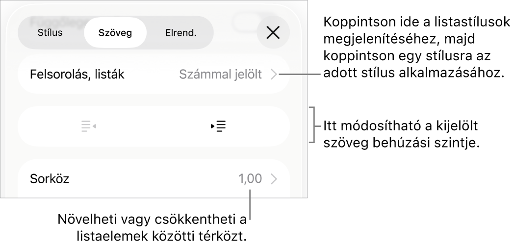 A Formátum vezérlők Felsorolások és listák része, a Felsorolásokat és a listákat, a kihúzás és a behúzás gombokat, valamint a sor térköz vezérlőket jelölő feliratokkal.