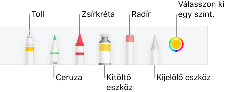 A rajz eszközsor az iPhone Numbers appjában tollal, ceruzával, zsírkrétával, kitöltőeszközzel, radírral, kijelölés eszközzel és az aktuális színt megjelenítő színrekesszel.