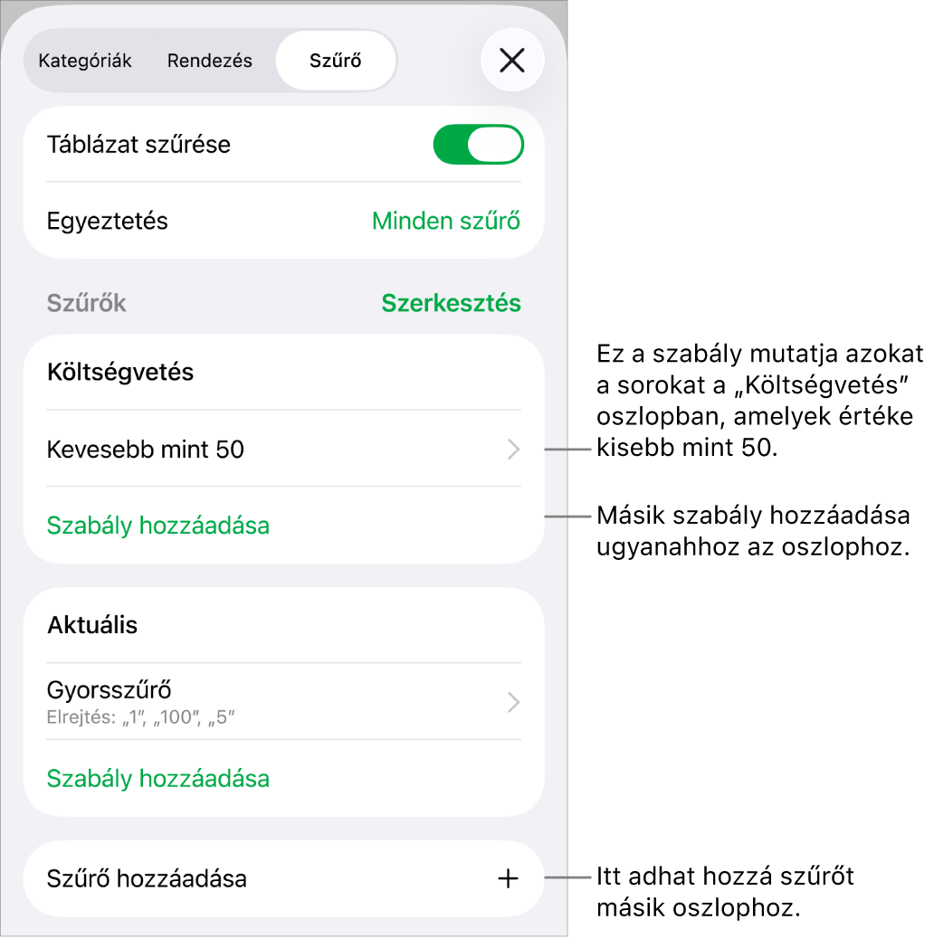 Vezérlők új szűrési szabályok hozzáadásához vagy a meglévők szerkesztéséhez.