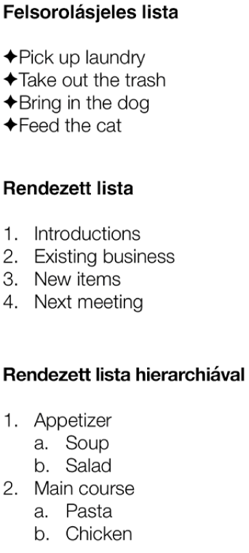 Példák a listajeles, rendezett, valamint hierarchikus rendezett listákra.