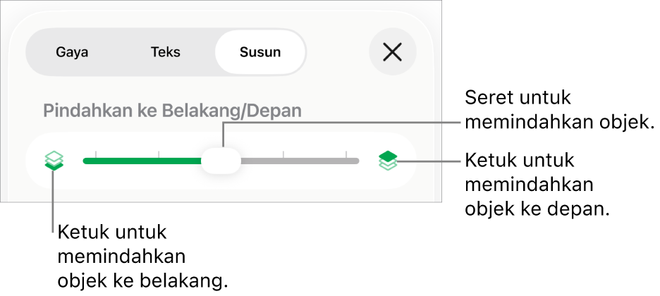 Tombol Pindahkan ke Belakang, tombol Pindahkan ke Depan, dan penggeser lapisan.