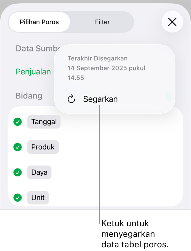 Menu Pilihan Poros menampilkan pilihan untuk menyegarkan tabel poros.