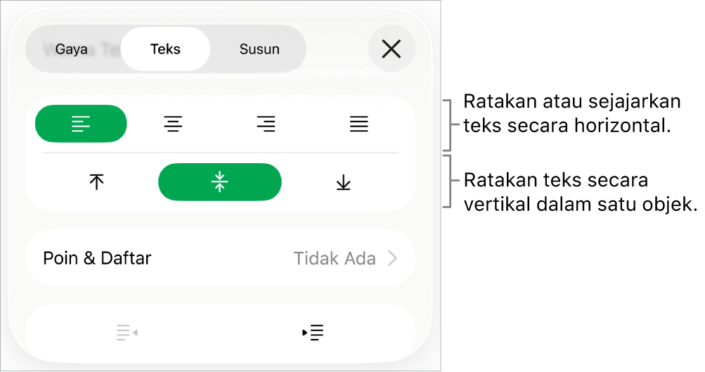 Bagian Tata Letak pada Inspektur format dengan keterangan pada tombol perataan teks dan spasi.