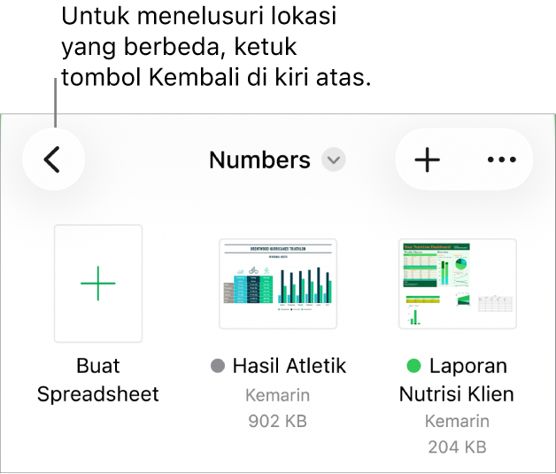 Tampilan telusur pengelola dokumen dengan tautan lokasi di pojok kiri atas dan di bawahnya terdapat bidang Cari. Di pojok kanan atas terdapat tombol Tambah Spreadsheet dan tombol Lainnya. Di bagian bawah layar, terdapat tombol Terbaru dan tombol Telusuri.