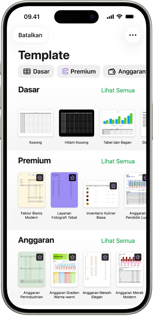 Pemilih template, menampilkan baris kategori di sepanjang bagian atas yang dapat Anda ketuk untuk memfilter pilihan. Di bawah adalah gambar mini template yang dirancang sebelumnya yang diatur menurut kategori, dimulai dengan Terbaru di bagian atas dan diikuti oleh Dasar dan Keuangan Pribadi. Tombol Lihat Semua muncul di atas dan di sebelah kanan setiap baris kategori. Tombol Bahasa dan Wilayah berada di pojok kanan atas.